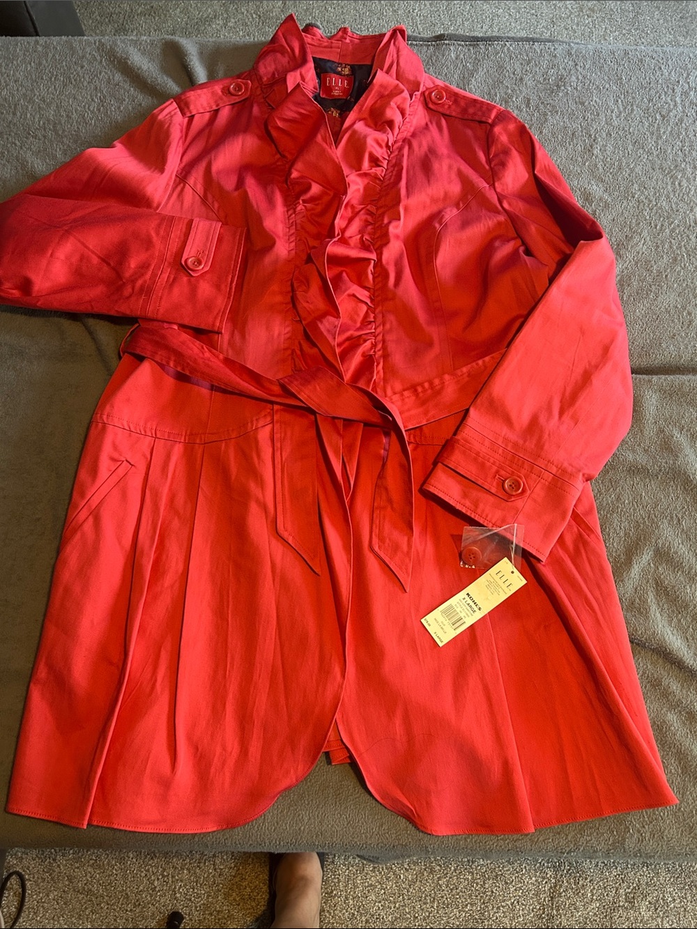 Elle Red Ruffle-Front Trench with Tie Waist